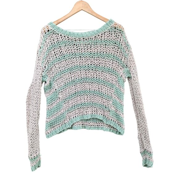 Free People Cloud Combo Sweater Womens Green Stripe Open Chunky Knit Size S - Picture 2 of 6